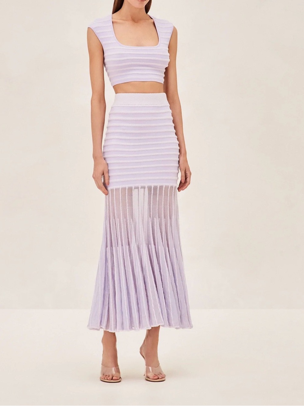 Alexis Lilac Ribbed Maxi Skirt (plus cropped top) with Sheer Pleats
